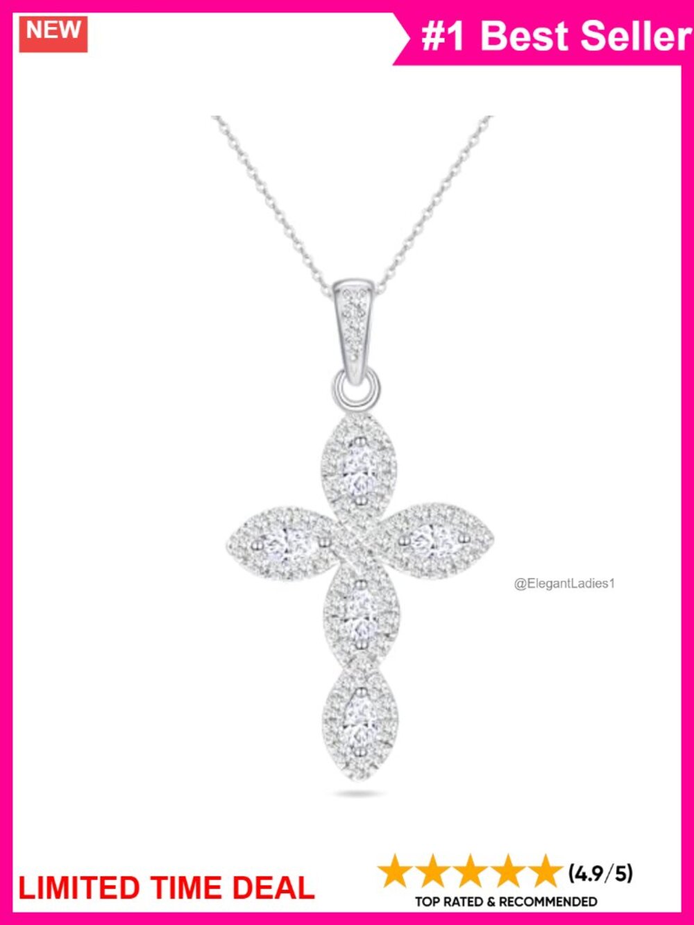 Moissanite Cross Pendant Necklace 18K White Gold Plated 925 Sterling Silver